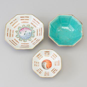 Two Chinese famille rose 'tri-gram' patterned footed dishes and one bowl, early 20th century.