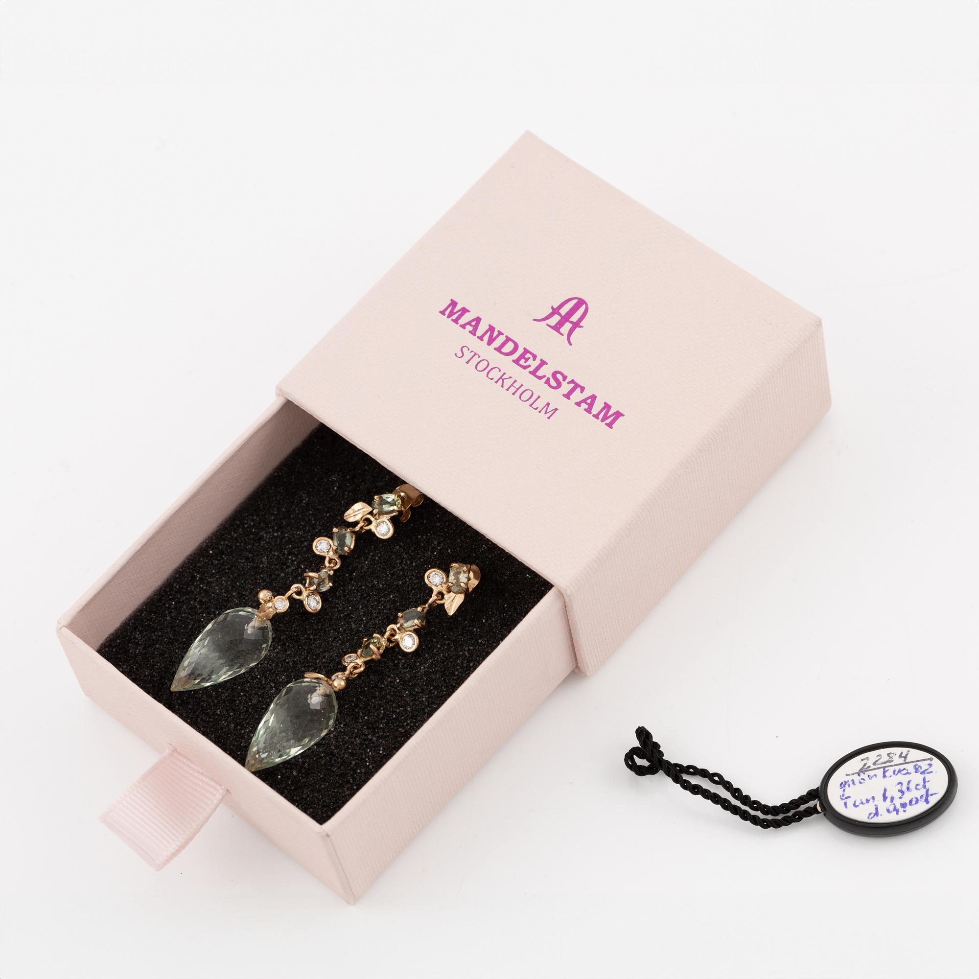 Earrings, Mandelstam, 18K gold with briolette-cut green quartz, green tourmalines, and brilliant-cut diamonds.