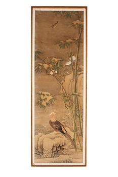 318. MÅLNING, landskap med fåglar ("Golden Pheasant, Peonies and Bamboos)", Qing dynastin, troligen 1700-tal.