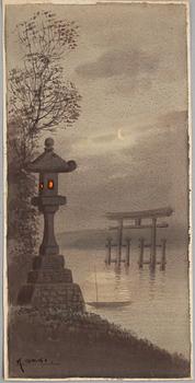 Seki, two watercolours, "Moonlit Temple" and "Bridge in Autumn Landscape", Japan 20th century.