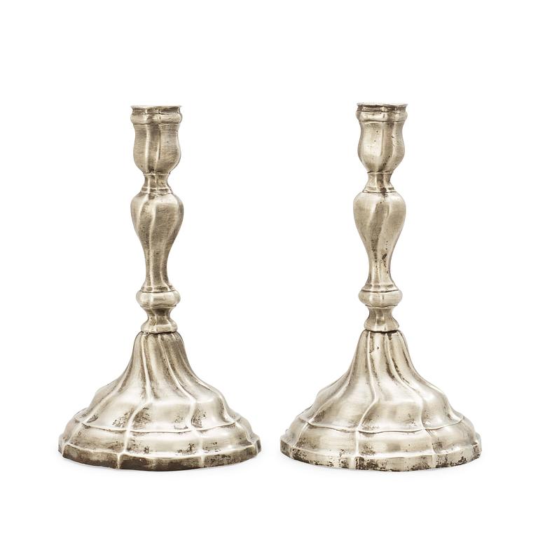 A pair of Rococo pewter candlesticks by Carl Wessman 1764.