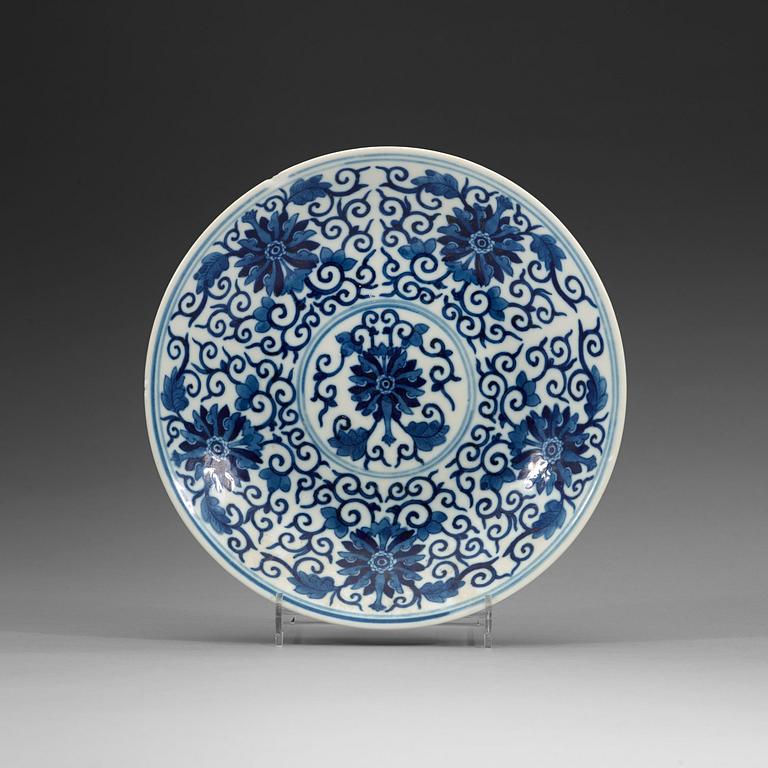 A blue and white lotus dish, Qing dynasty, with Guangxu six character mark and period (1875-1908).