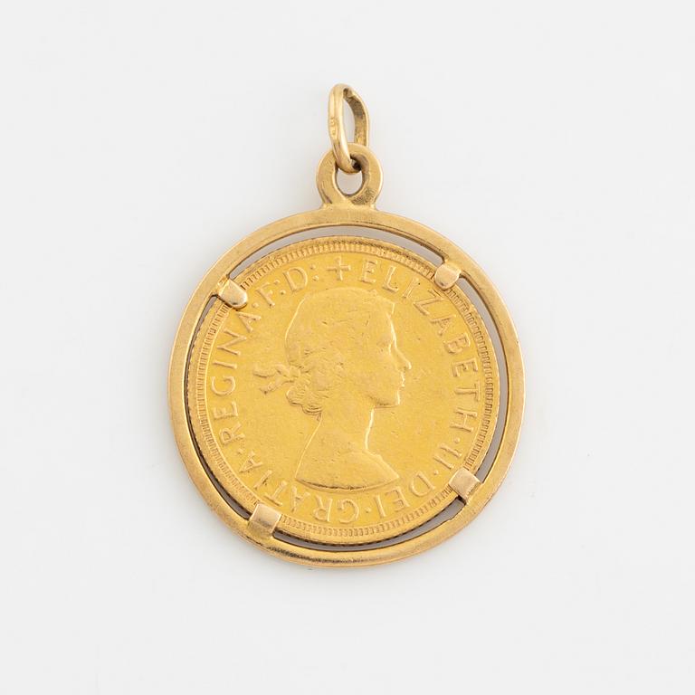 A British goldcoin, 1 Sovereign, 1962, mounted in a 18 k gold pendulum.