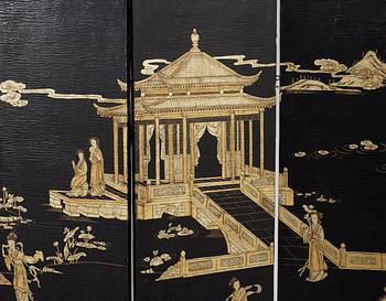 A six panel lacquer screen, Qing dynasty (1644-1911).