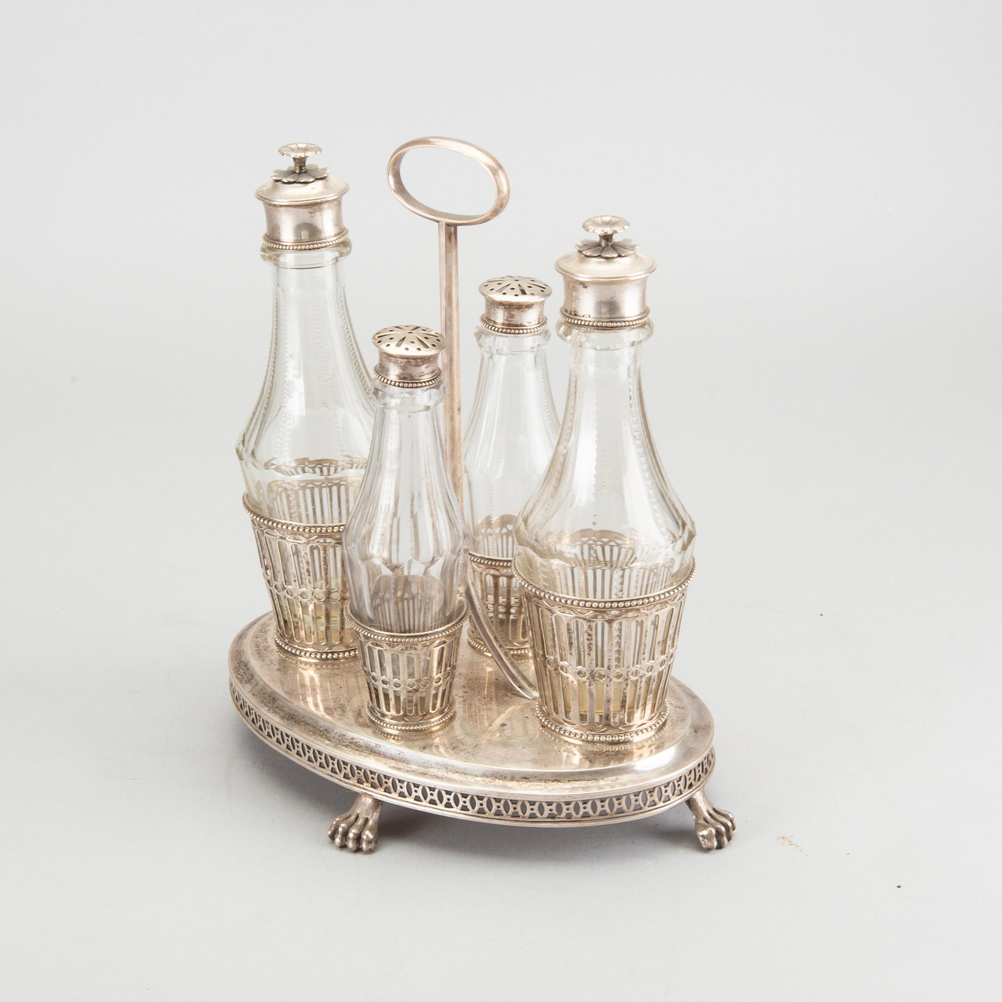 A 1809 silver and glass 
Pehr Zethelius cruetstand.