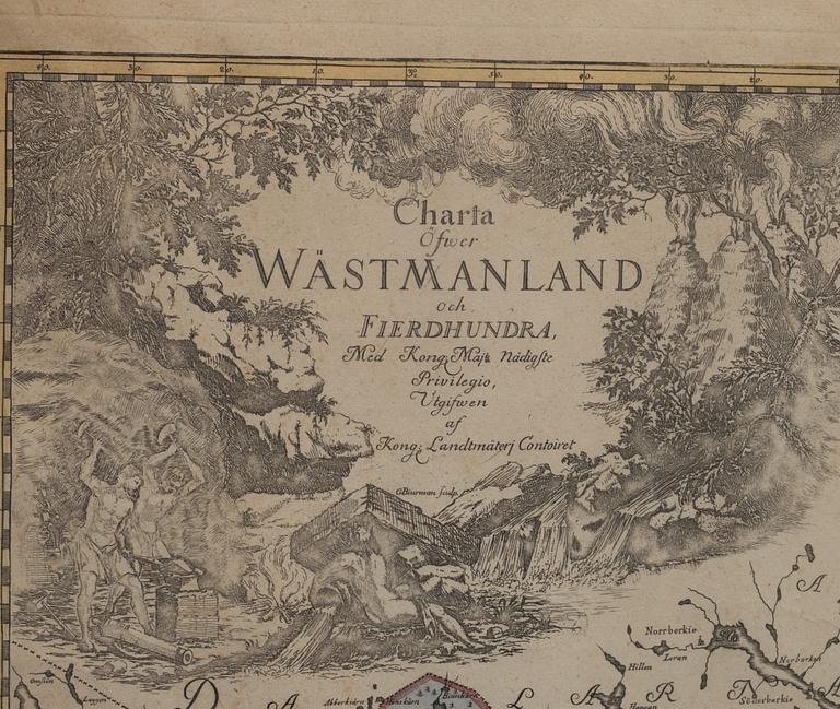 KARTA, "Charta öfver Wästmanland och Fierdhundra... utgifwen  af Kong. Landtmäteri Contoiret"1700-tal.