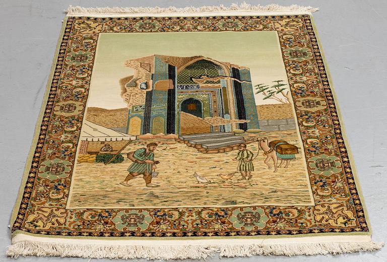 A rug, an old Pakistan probably, figural, ca 146 x 97-100 cm (as well as 3 cm flat weave at the ends).