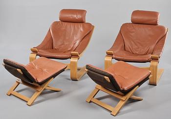 FÅTÖLJER MED FOTPALLAR, 2 st, "Kroken", Åke Fribyter, Nelo möbler, 1970-tal.