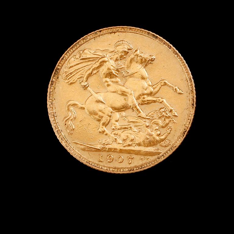 GULDMYNT, sovereign, Edward VII, 1907. Vikt ca 8 gram.