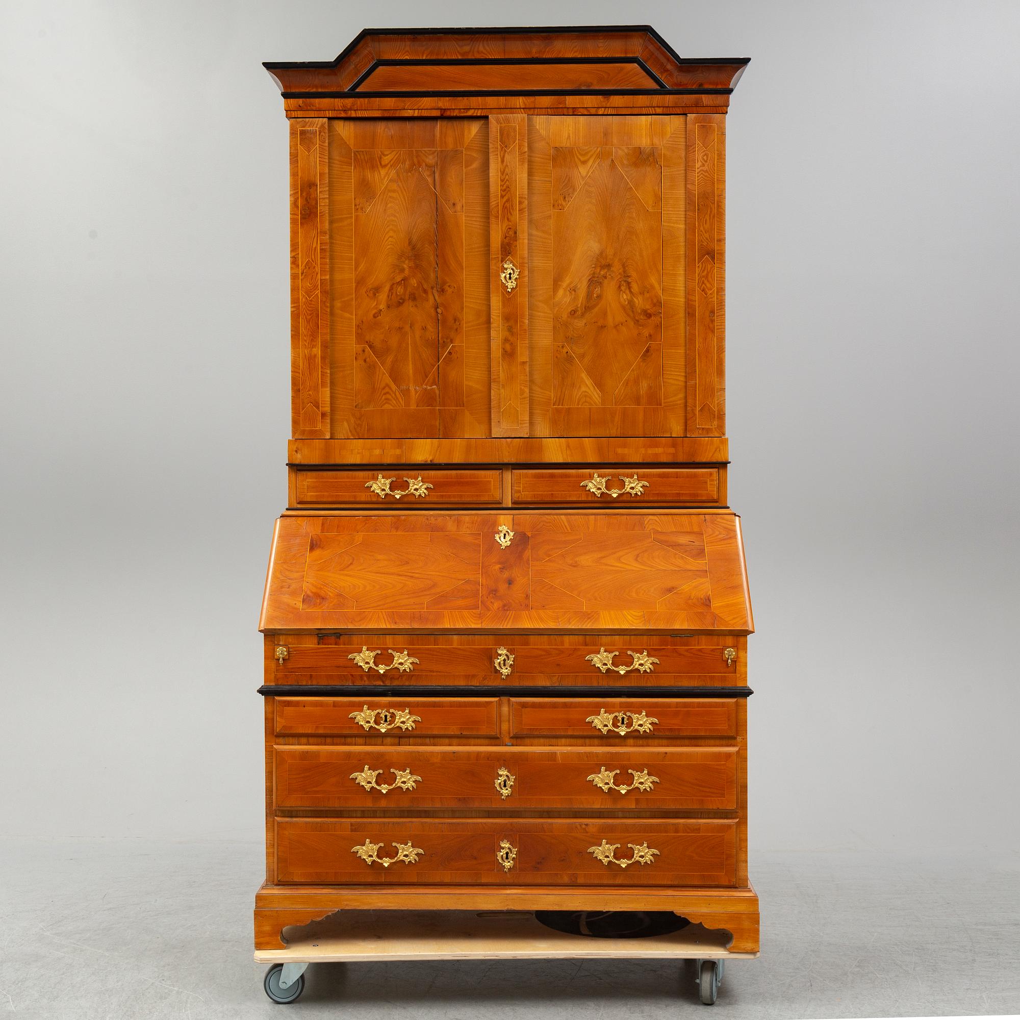 A partly 18th Century elm veneered writing cabinet.