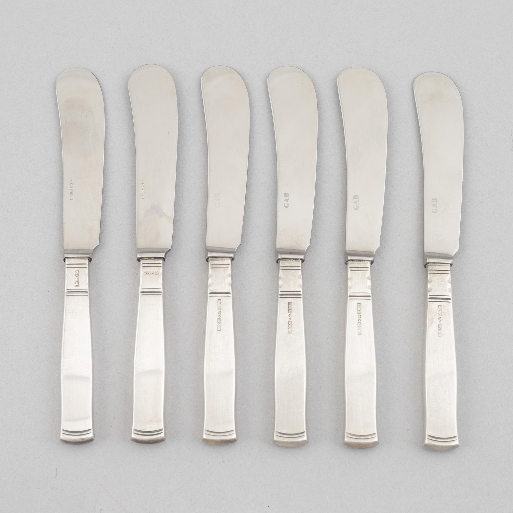 Jacob Ängman, six silver butter knives, "Rosenholm", GAB, Eskilstuna 1976-1990.