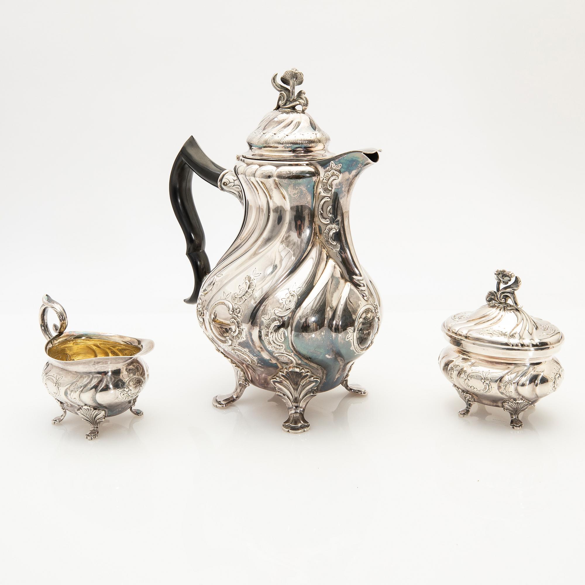 Coffee service, 3 pieces, silver, Rococo style, 1960s.