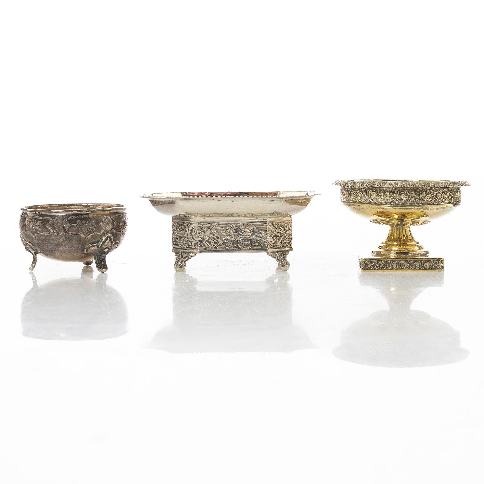 Three Russian silver salt cellars, 19th century.