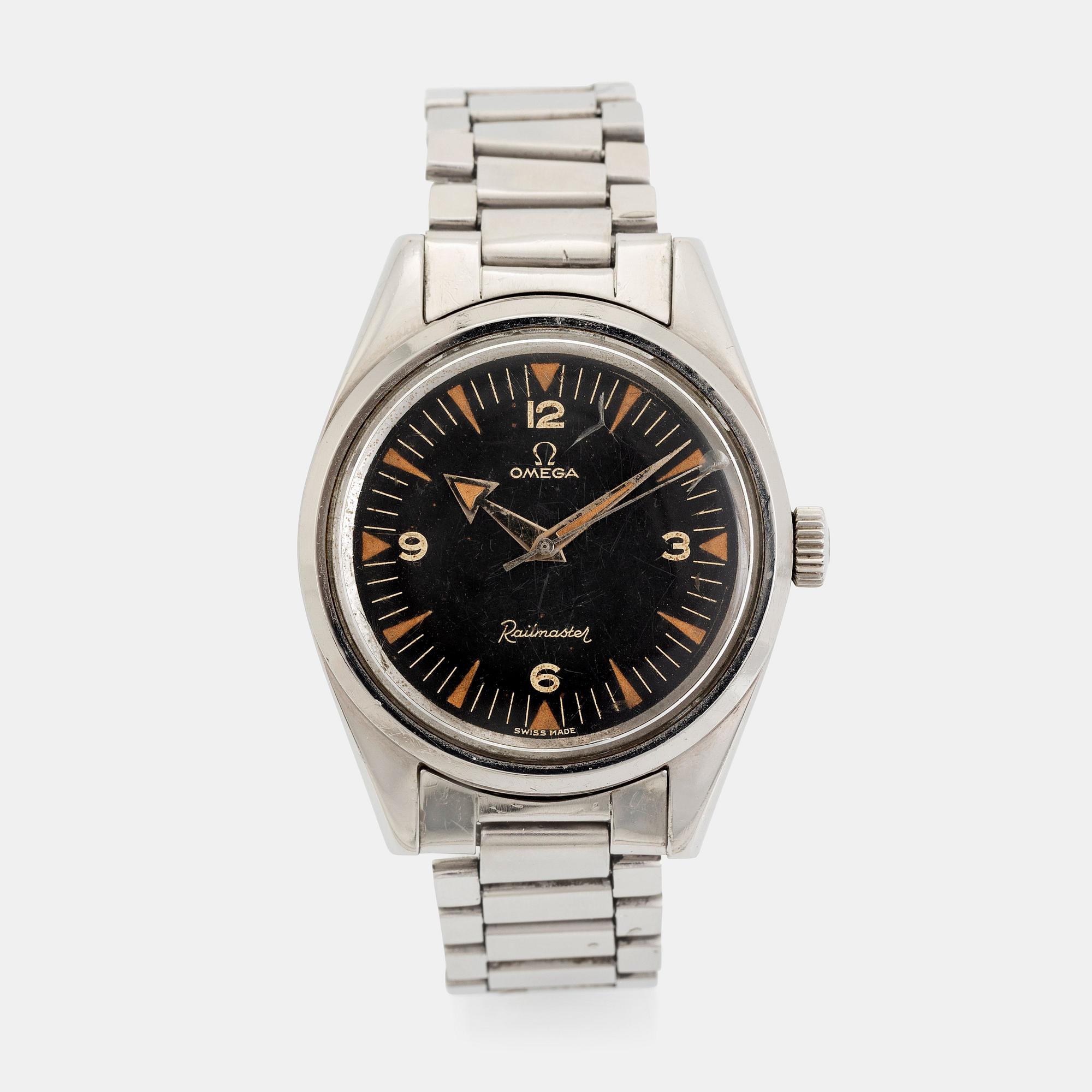 Omega, Railmaster, "Broad Arrow hands", "Naiad crown", ca 1958.
