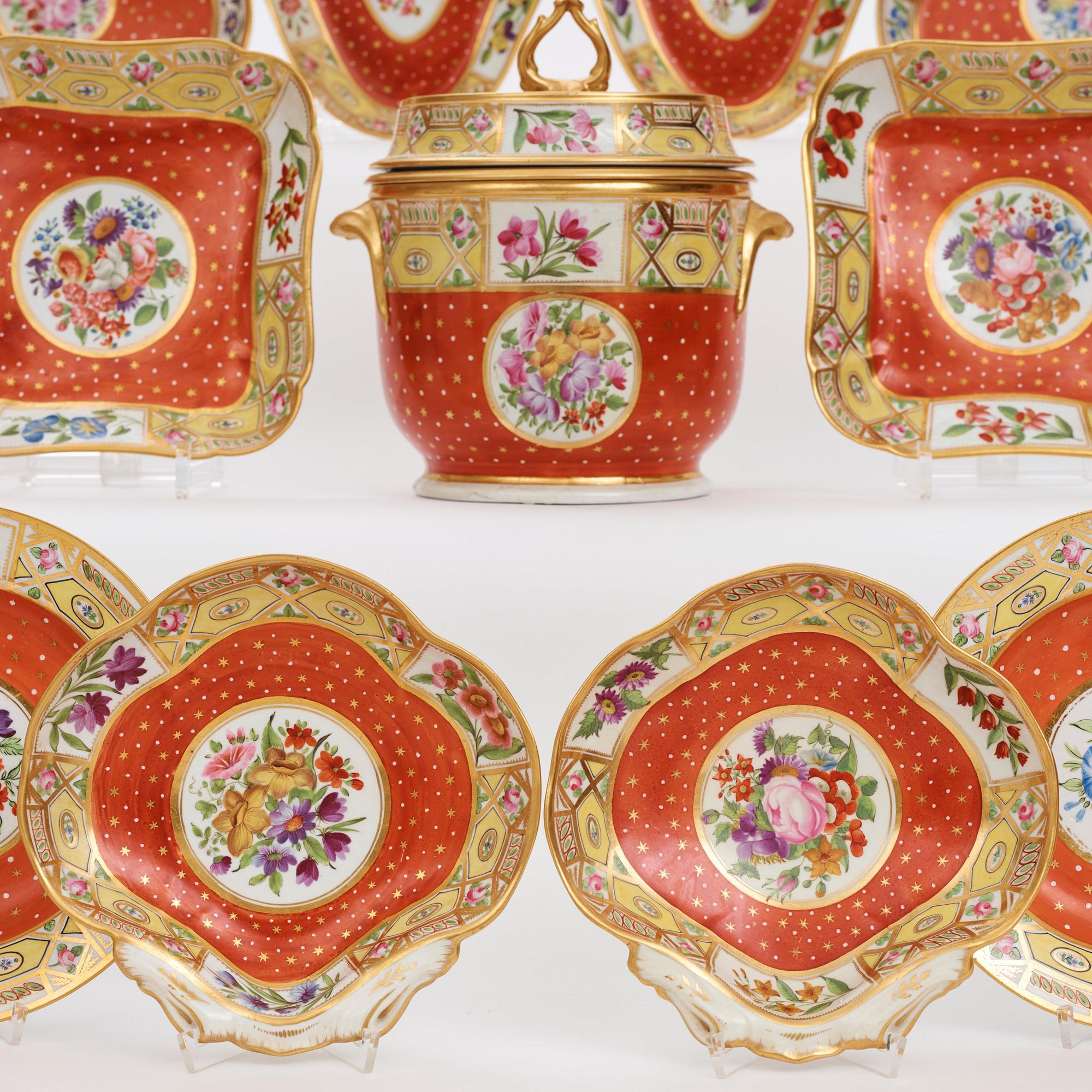 A part Copeland coral ground dessert service, England, circa 1800. (38 pieces).