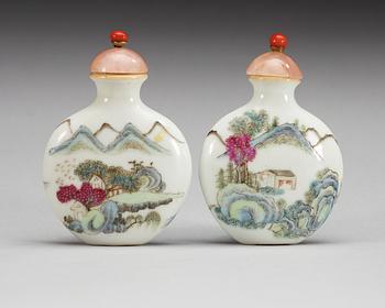 Two famille rose snuff bottles, presumably Republic with seal mark in red.