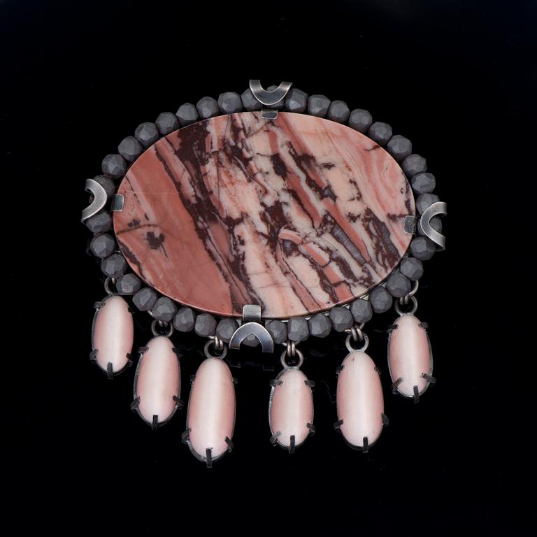 ULLA AHOLA, BROSCH, silver, marmor, hematit, handslipat glas, 2010.
