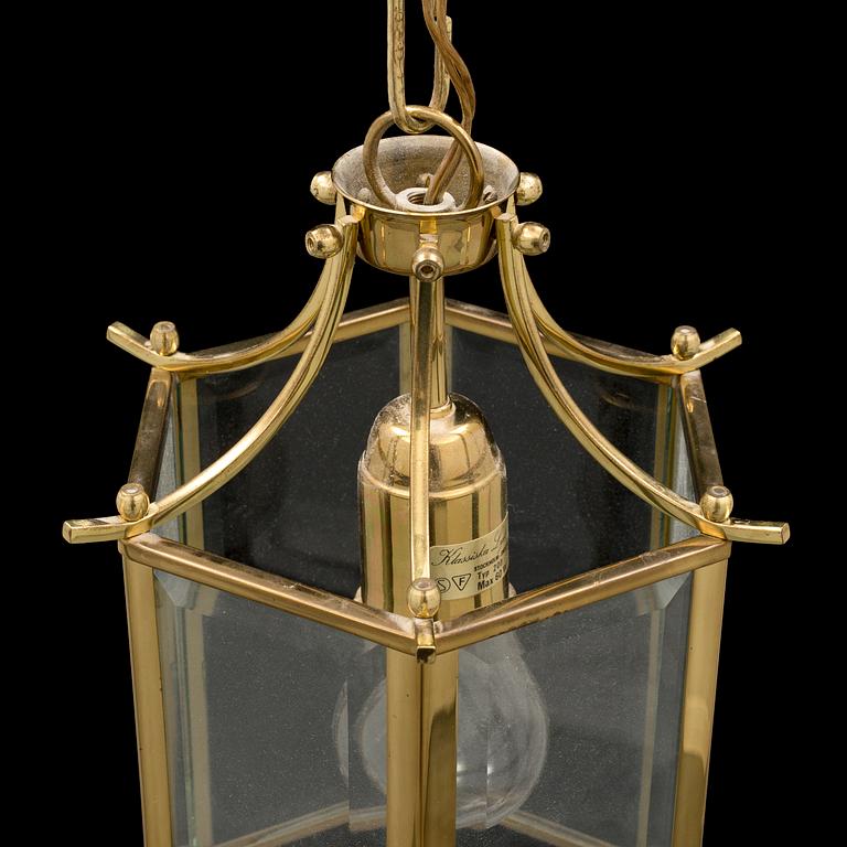 A brass and glass ceiling light from Klassiska Lyktor, late 20th Century.
