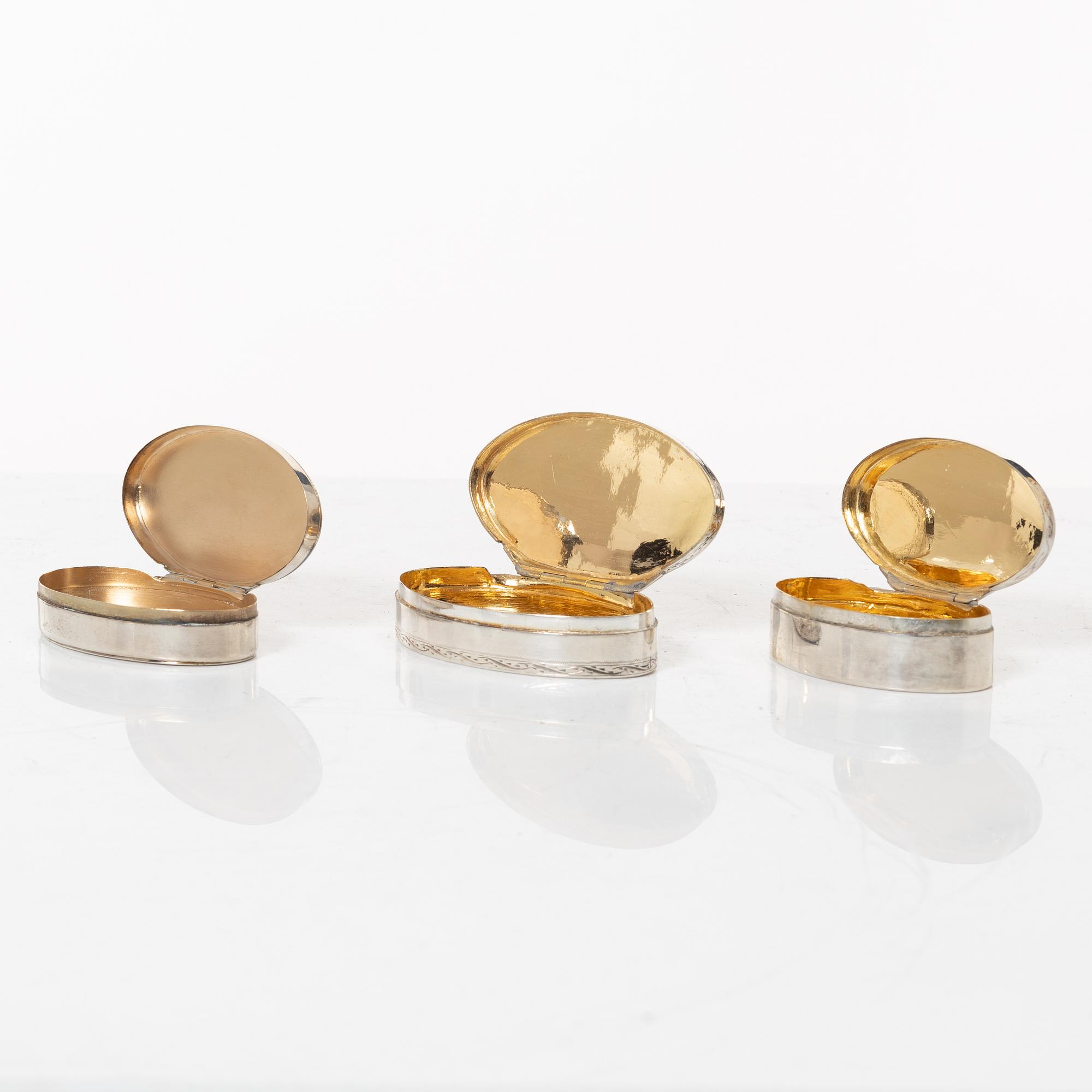 Five Swedish silver boxes, 18th-19th Century.