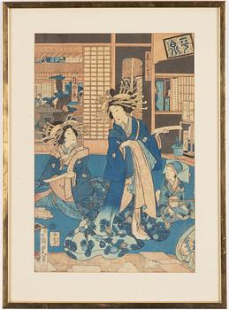 Three woodblock prints, including Utagawa Kunisada II and Toyoharu Kunichika, Japan.