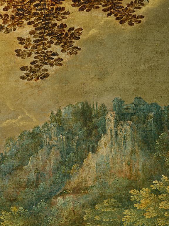 Flemish school, 16th/17th century in the manner of Anton Mirou, Landscape with figure staffage by a village.