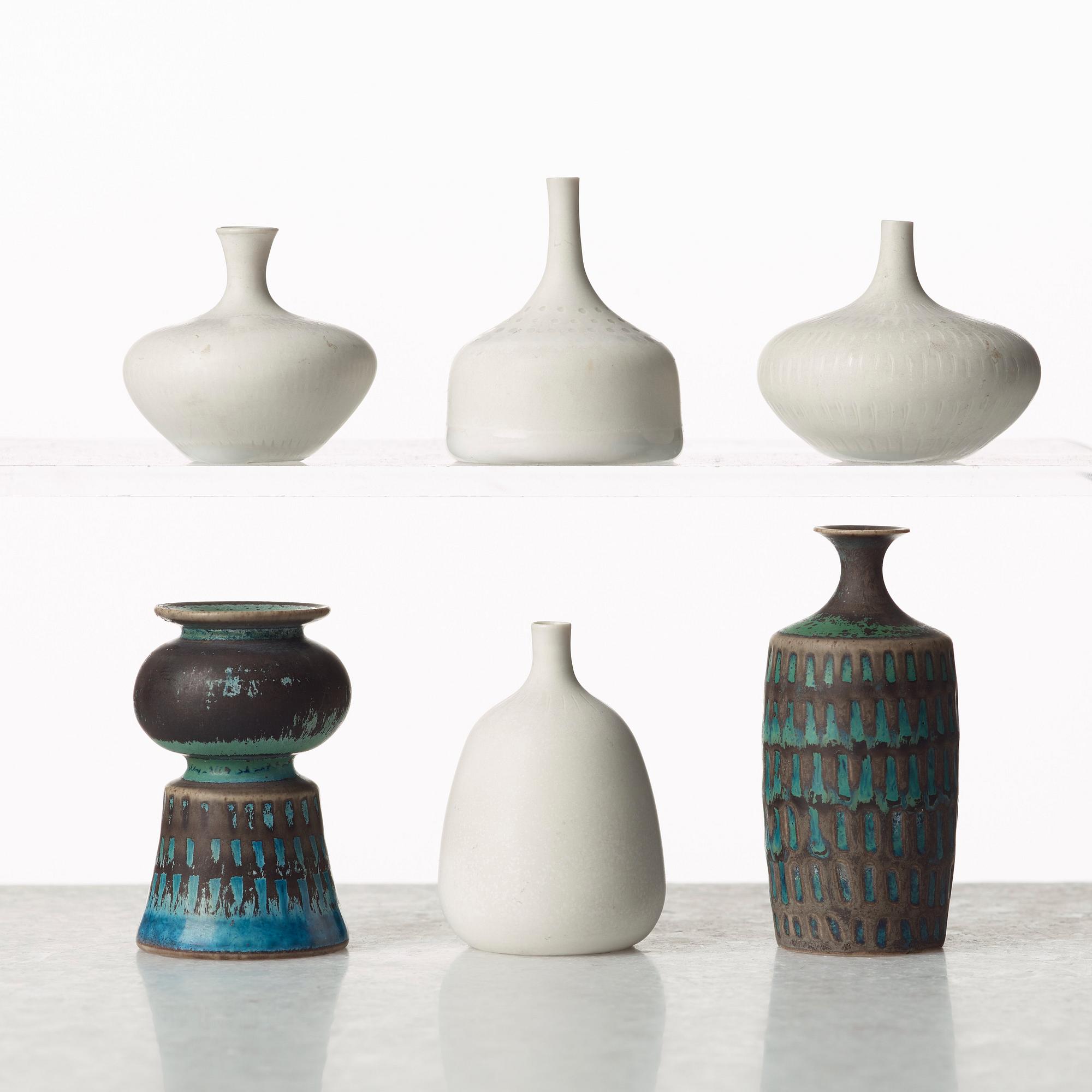 Stig Lindberg, a set of six stoneware miniature vases, Gustavsberg studio, Sweden 1958-62.
