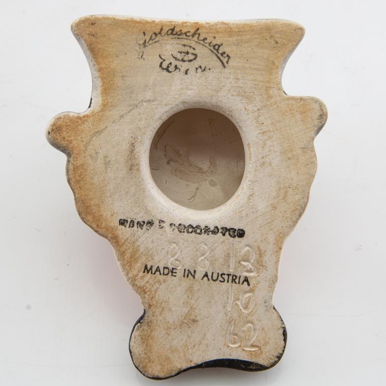 Wall masks 5 pcs including Goldscheider mid-20th century porcelain/terracotta.