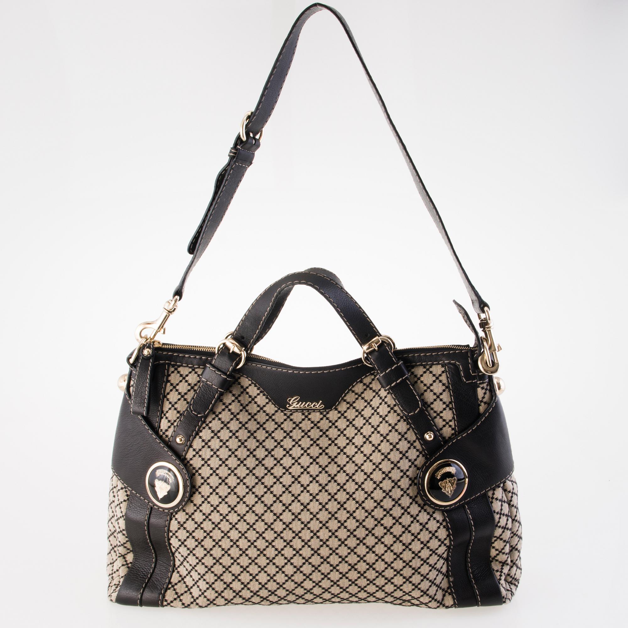 GUCCI Black Diamante Canvas Crest Boule Tote Bag.