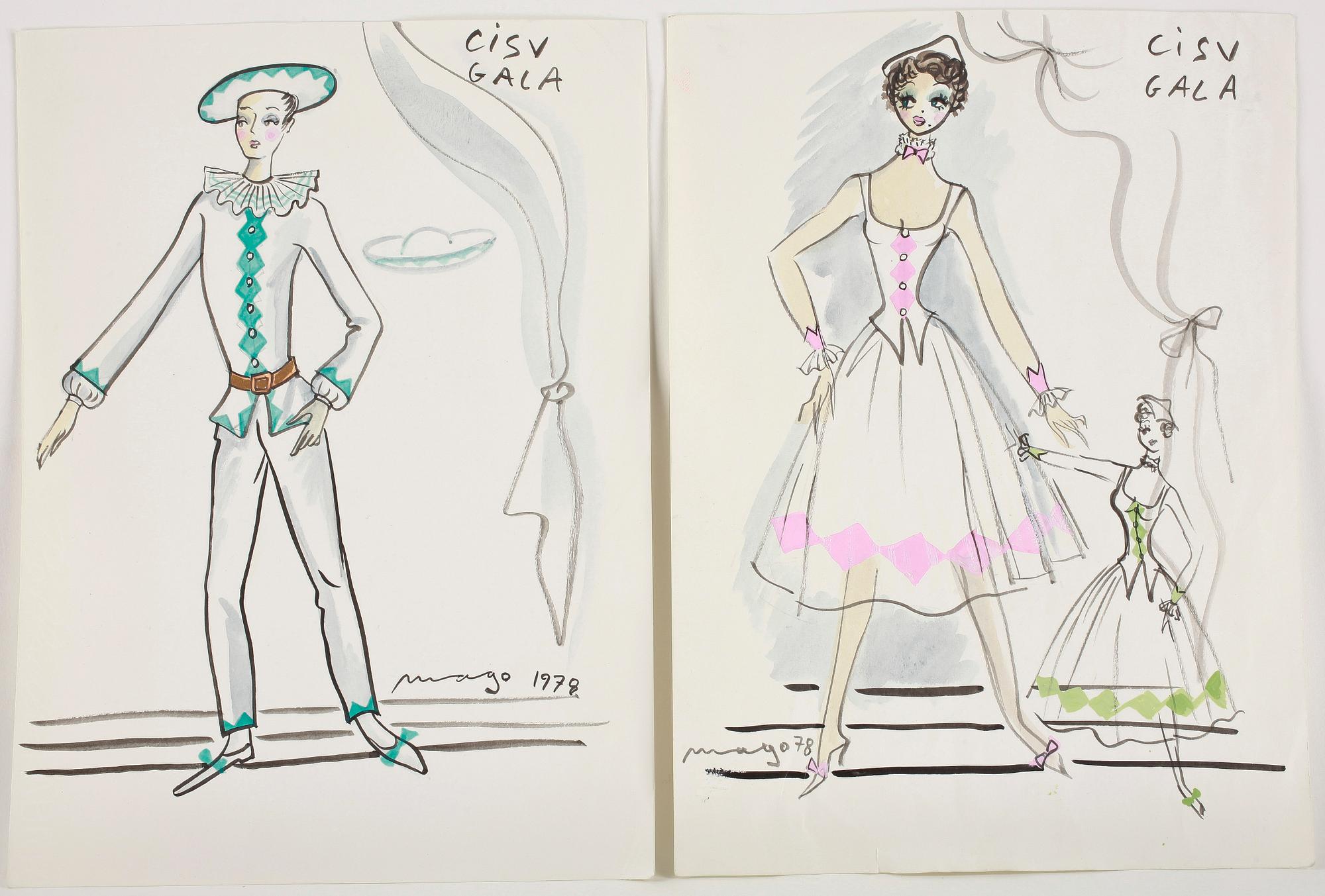 MAX GOLDSTEIN (MAGO) dräktskisser, kostymteckningar, fotografier, delvis sign, ca 40 st.