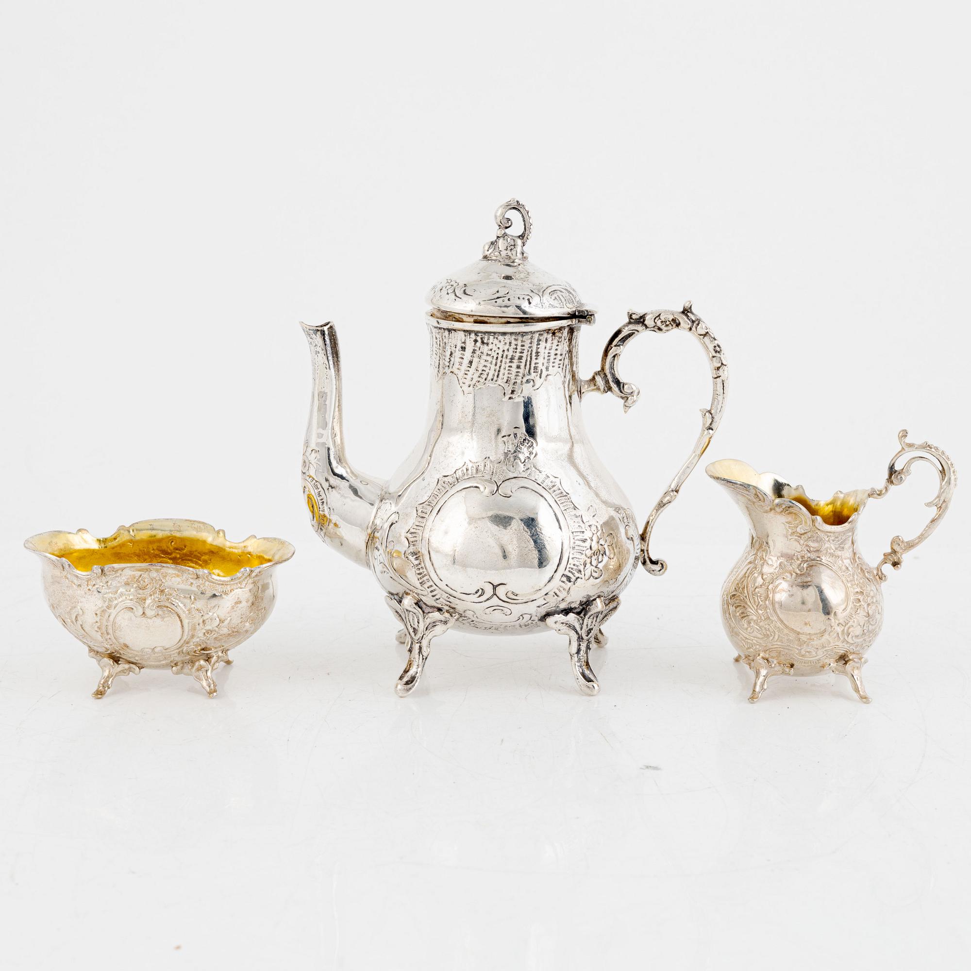 Mockaservis, 3 delar, silver, rokokostil, Tyskland, svensk importstämpel.