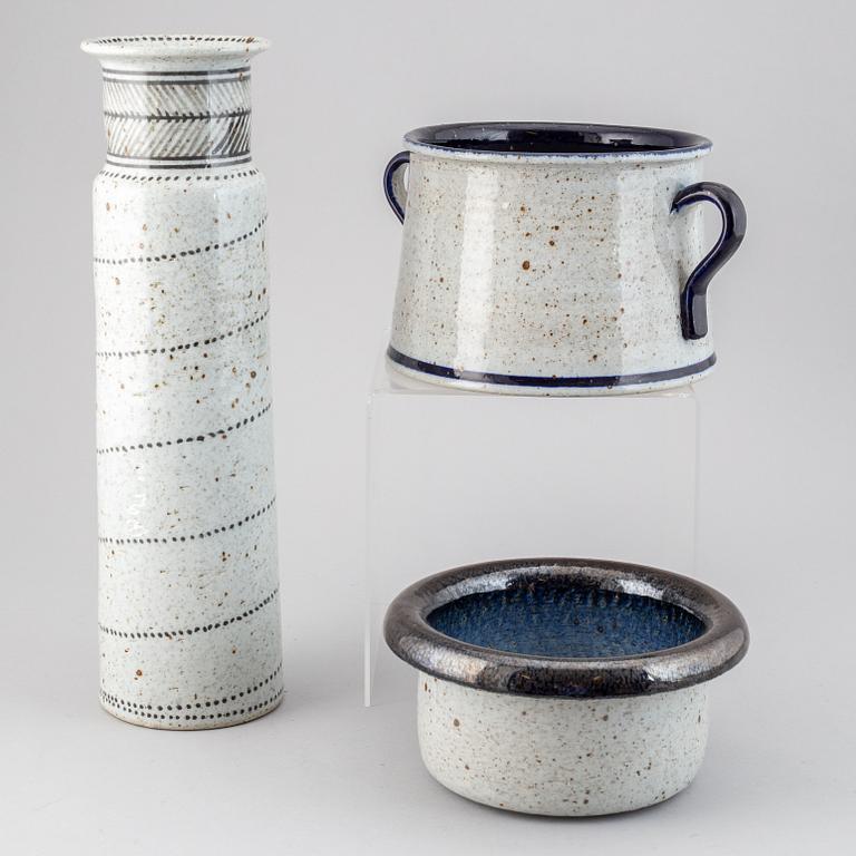 JACKIE LYND, a stoneware vase and two pots, Rörstrand, Sweden.