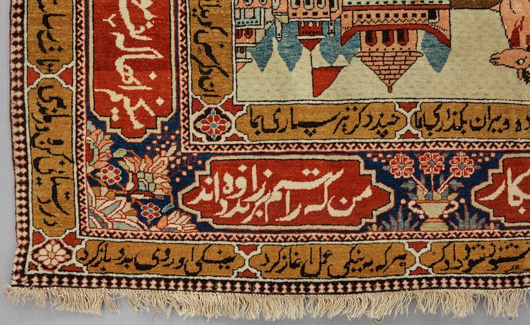 A RUG, a semi-antique Kashan figural, possibly Motachem, ca 202 x 140 cm.