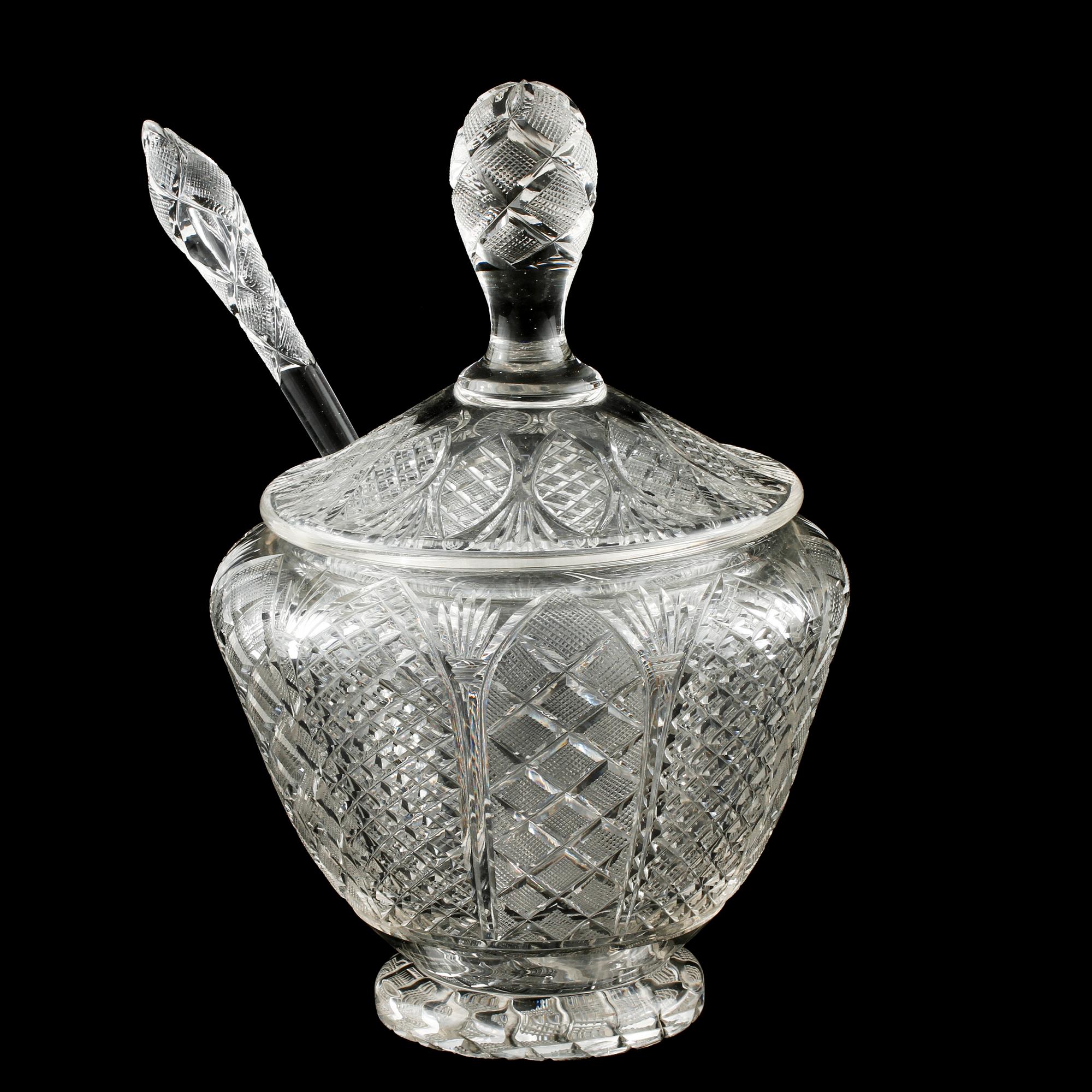 BÅLSKÅL med LOCK samt SLEV, glas, 1900-talets första hälft.