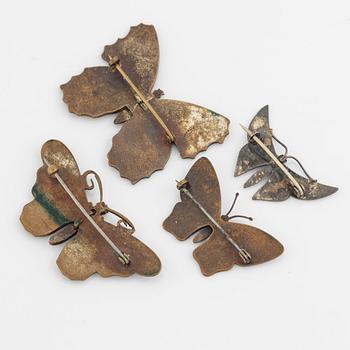 Broscher, 4 stycken, fjärilar, silver och emalj.