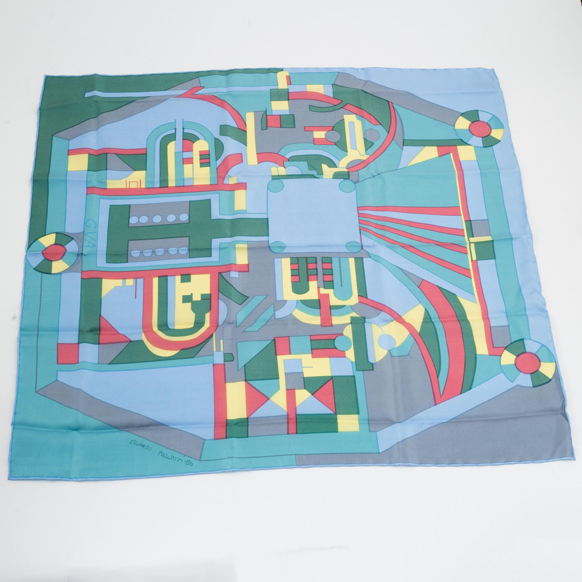 Eduardo Paolozzi, silkscreen in colours, 1986, signed and a scarf and brooches.