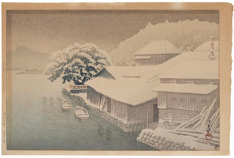 Kawase Bunjiro Hasui, Evening Snow at Ishinomaki (Ishinomaki no bosetsu).