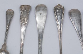 PARTI BESTICK,11 delar, silver, udda modeller, 1800-tal, en 1900-talets början. Total vikt ca 655 g.