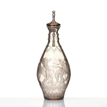 Simon Gate, an engraved glass decanter with stopper, Orrefors 1926, model 234.