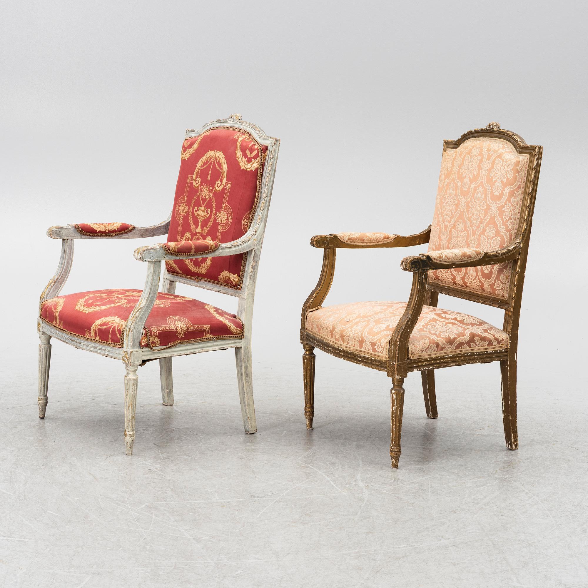 A pair of Louis XVI-style armchairs and a sofa, 20th century.