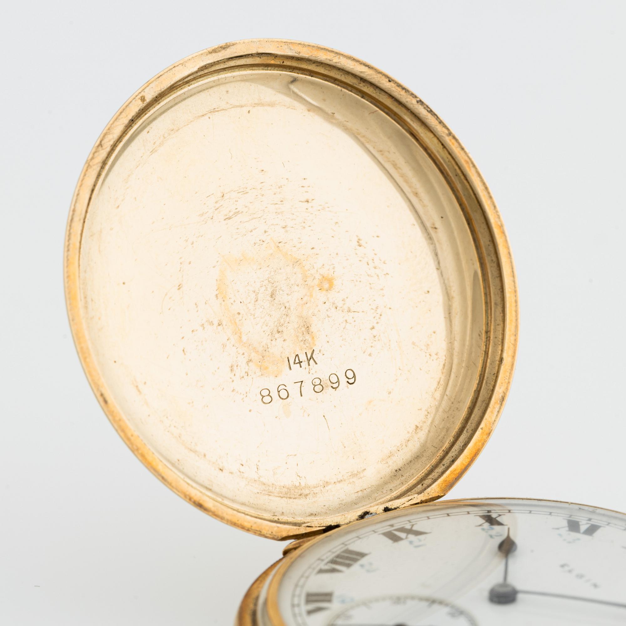 Elgin, pocket watch, hunter case, 14K gold, 48.5 mm.