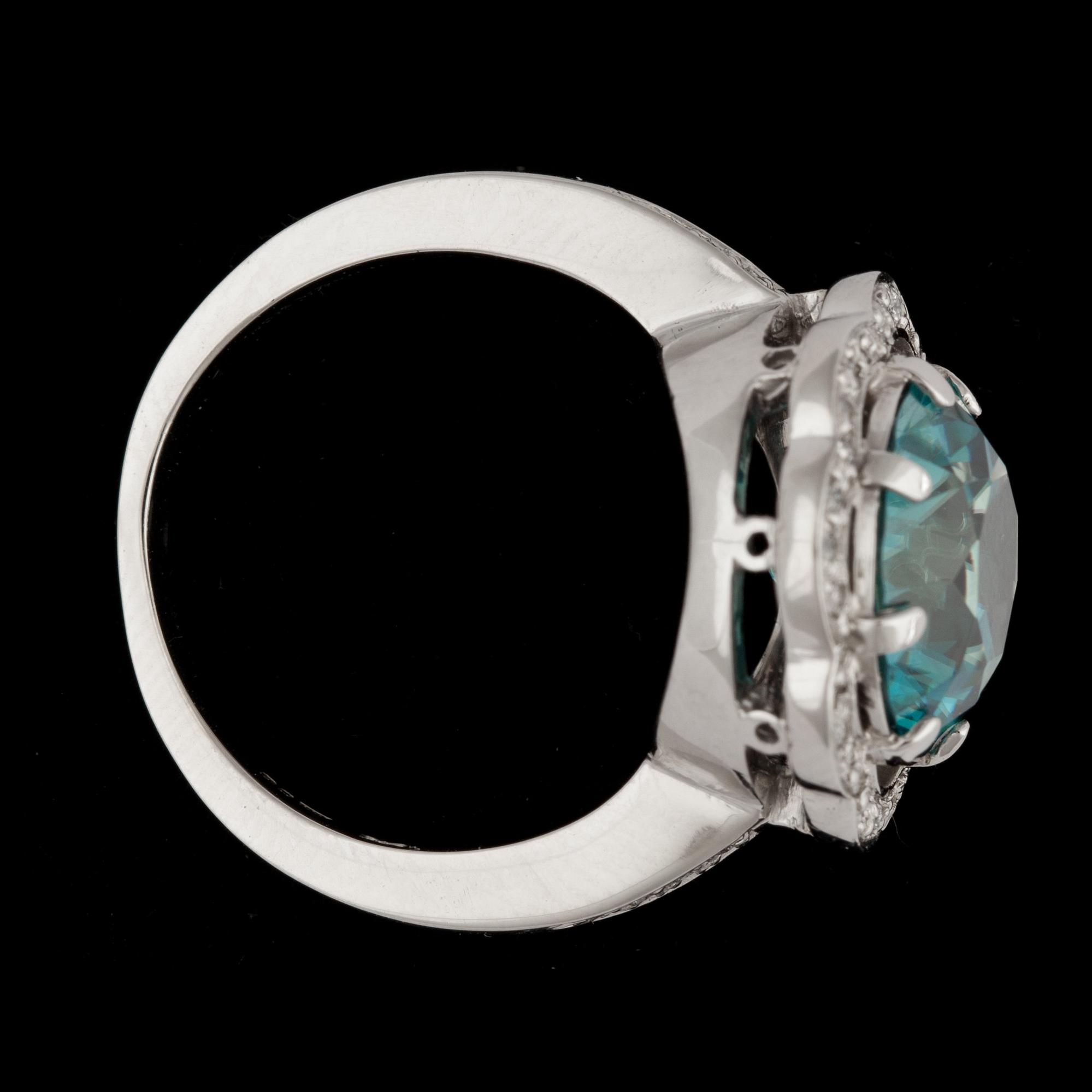 A blue zircon and brilliant cut diamond ring.