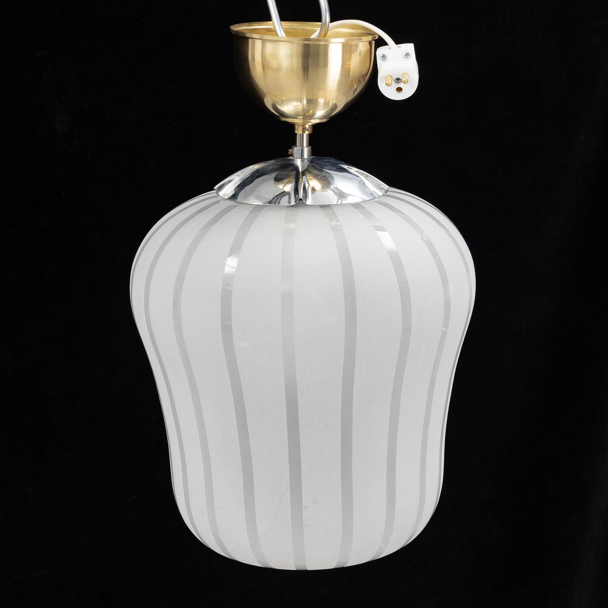 A Swedish Modern glass and brass ceiling light, Orrefors, 1940's.