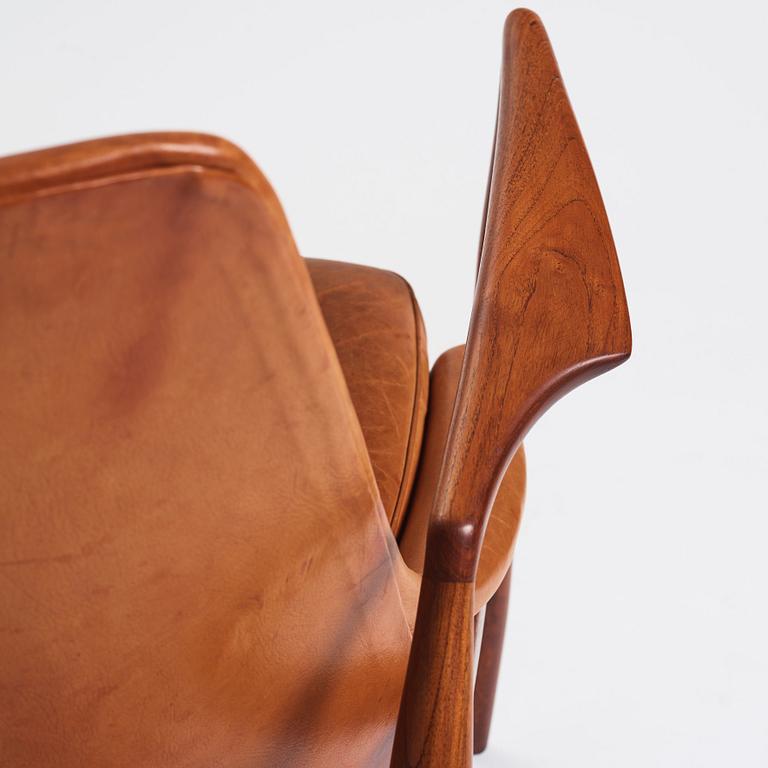 Ib Kofod Larsen, a teak and cognac coloured leather 'Sälen' easy chair, Olof Perssons Fåtöljindustri (OPE), Sweden, 1950-60s.