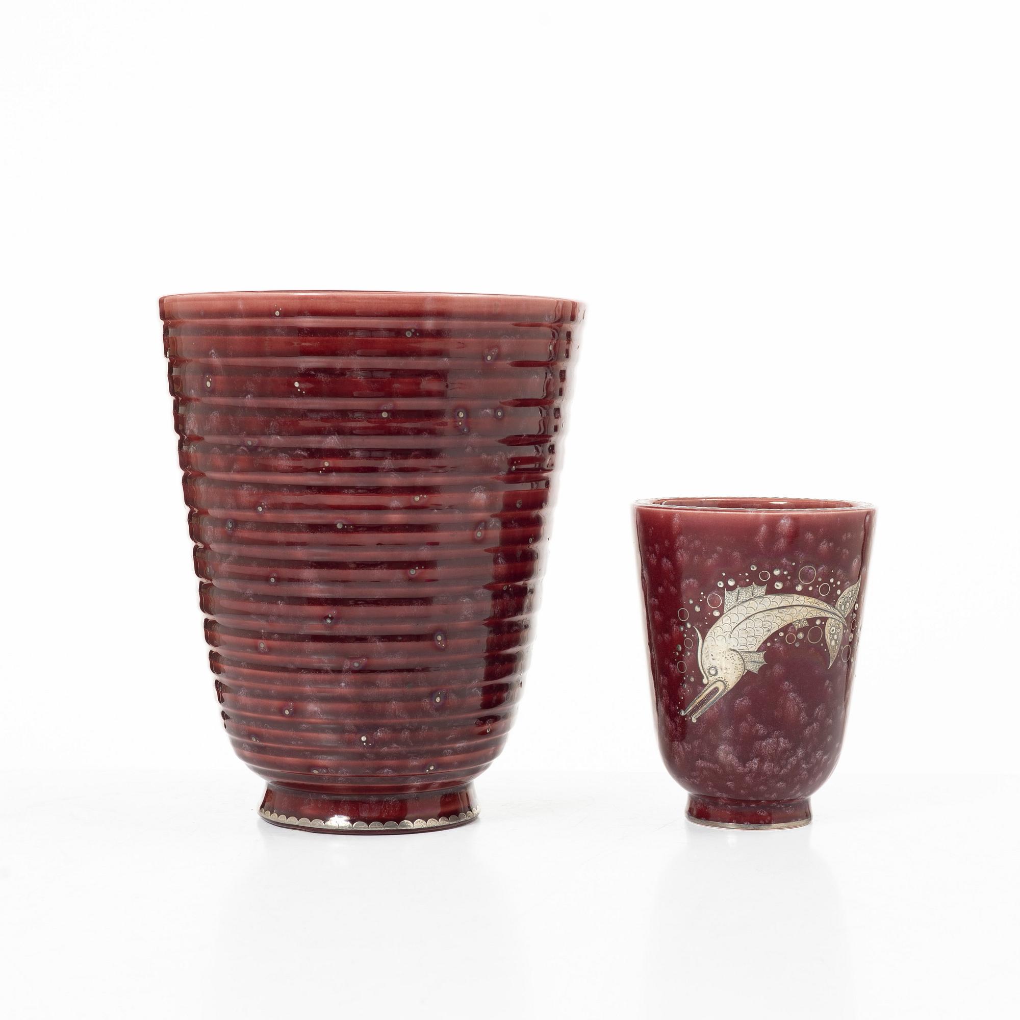 Wilhelm Kåge, two red 'Argenta' vases, stoneware, Gustavsberg, Sweden.