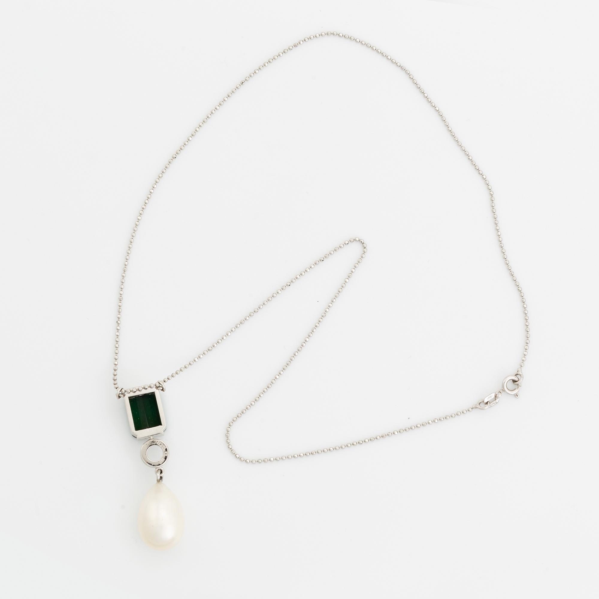 Efva Attling, Green tourmaline, brilliant cut diamond and pearl necklace.