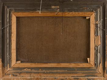 Skymningslandskap med figurstaffage.