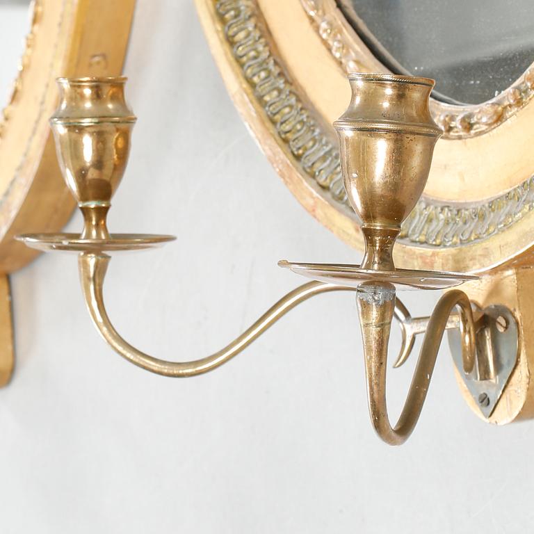 A PAIR OF SWEDISH EMPIRE TWO-LIGHT MIRROR GIRANDOLES, SIGNED JOHAN MARTIN BERG.