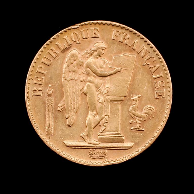 GULDMYNT, 20 francs, Frankrike, 1893. Vikt ca 6 gram.