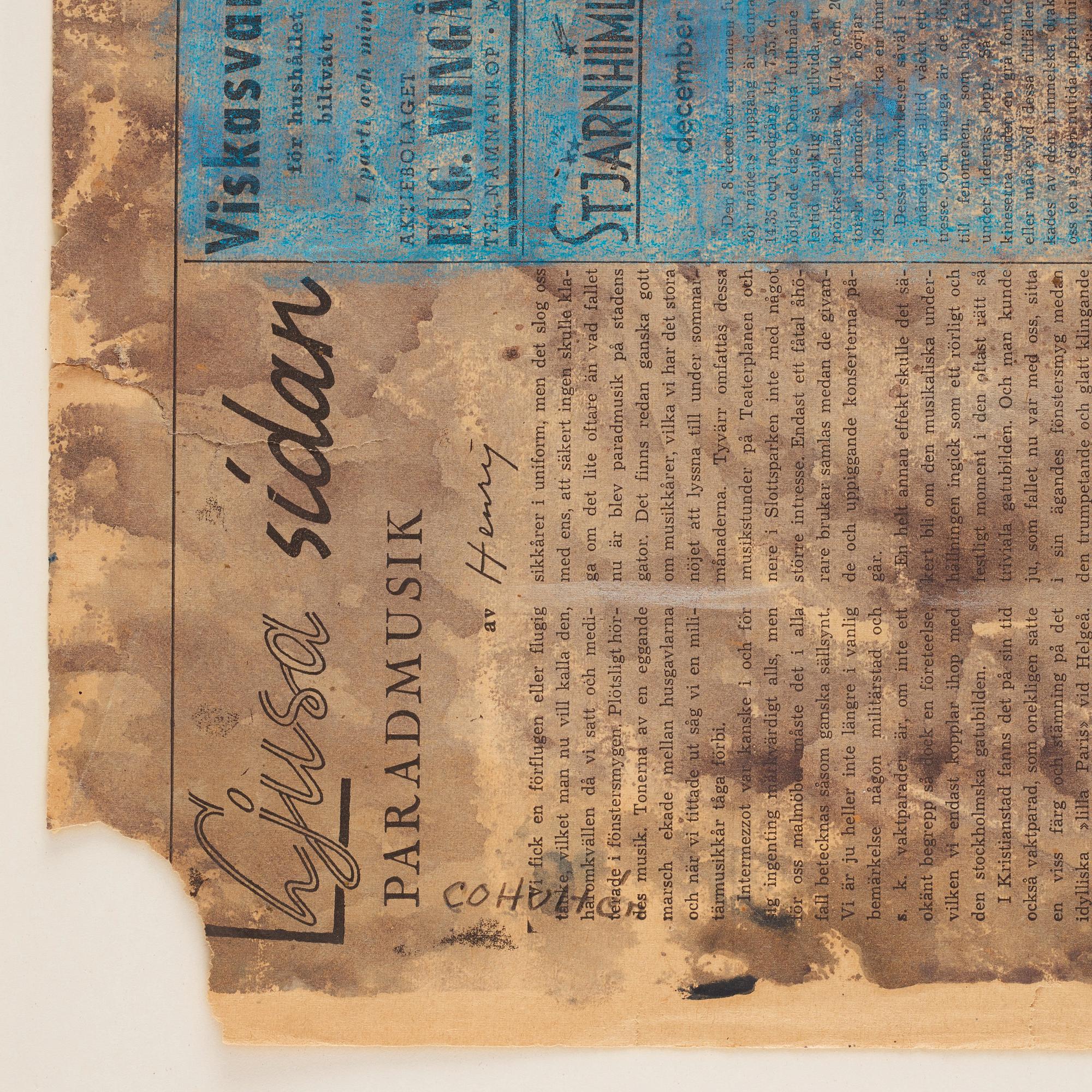 CO Hultén, akvarell och tusch på tidningssida, signerad och utförd 1946,