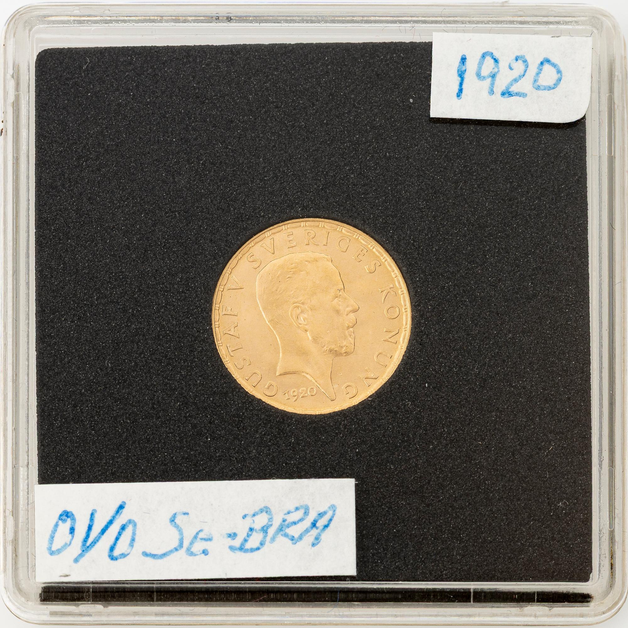 Guldmynt, Gustav V, 5 kronor, Sverige 1920.